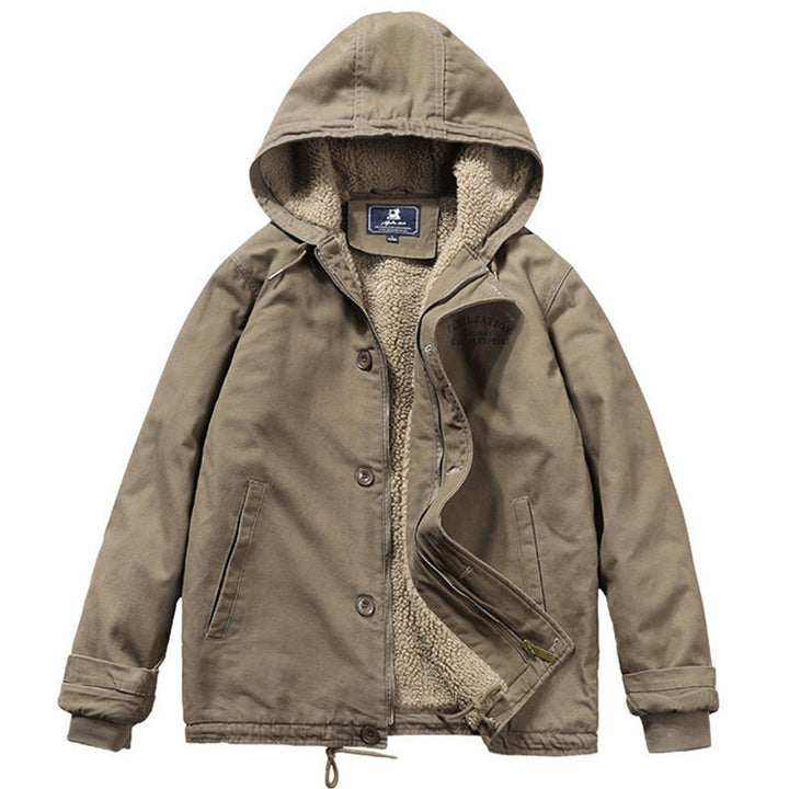 Men's Canvas Hoodie Parka with Continuous Teddy Fleece Lining and Drawstring Mune Fashion