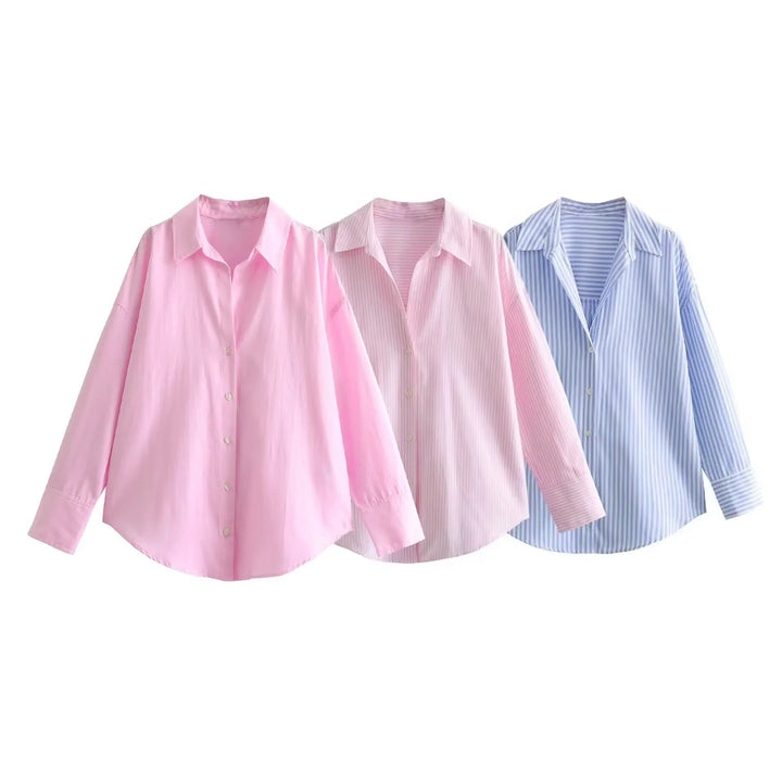 Women 20+ Oversized Stripe Blouse with Shirt Collar and Long Cuffs Mune Fashion