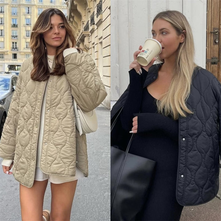 Women Padded Quilted Jacket in Boxy Cut with Round Neckline Mune Fashion