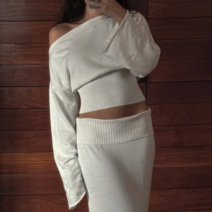 Women’s Off-Shoulder Ribbed Cropped Top with Waistband and Matching Midi Skirt Mune Fashion