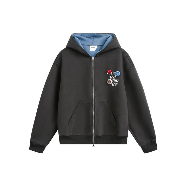 Unisex Hooded Sweat Jacket with Print Badges and Two-Way Zipper Mune Fashion