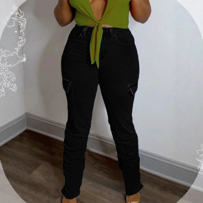 Women's High-Waisted Cargo Jeans with Slim Fit and Gathered Leg Hems Mune Fashion