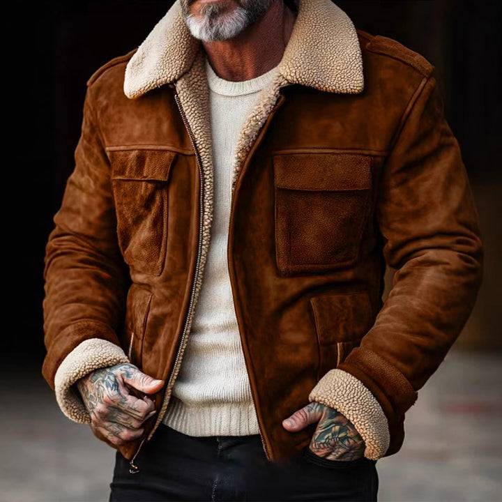 Men's nan aviator leather jacket with faux shearling lining, patch chest pockets and zip Mune Fashion