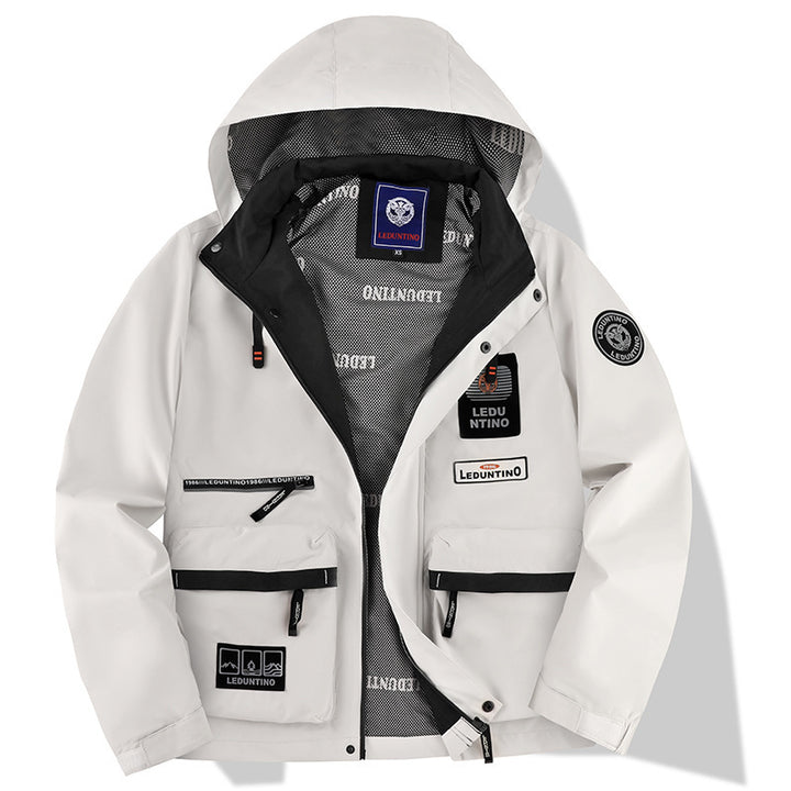 Men's nano technical field jacket with hood and multifunctional pockets, water-repellent softshell fabric