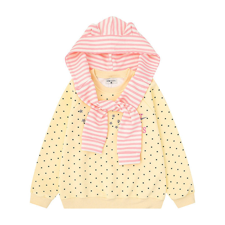Women's Polka Dot Sweatshirt with Attached Striped Hood-Scarf and Star Appliqué Mune Fashion