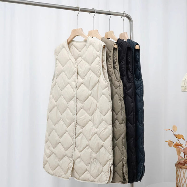 Women's Long Quilted Vest with V-Neck and Diamond Quilting Mune Fashion