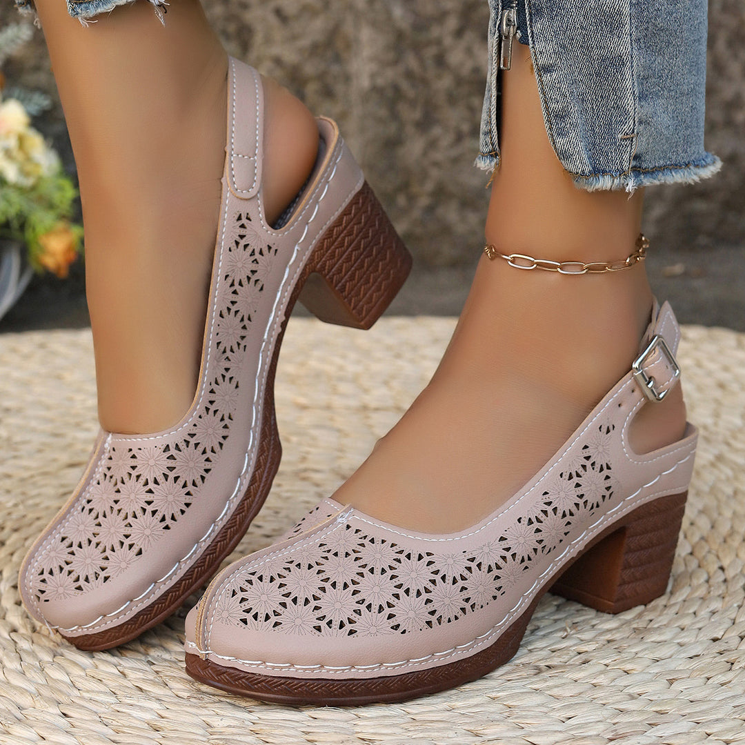 Women's elegant slingback pumps with floral laser cut, padded comfort insole and stable block heel Mune Fashion