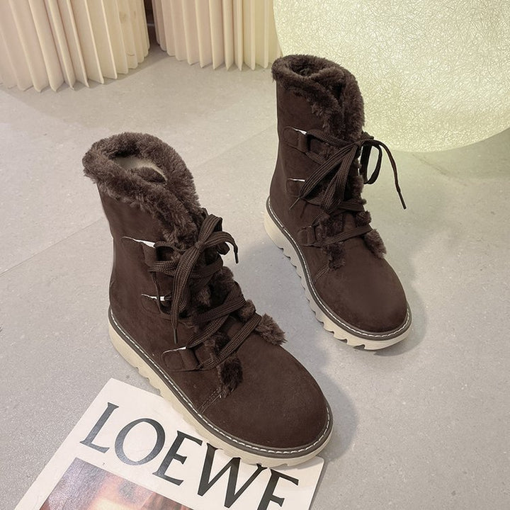 Women's Winter Lace-Up Boots in Trekking Look with Teddy Lining and Notched Wedge Sole Mune Fashion