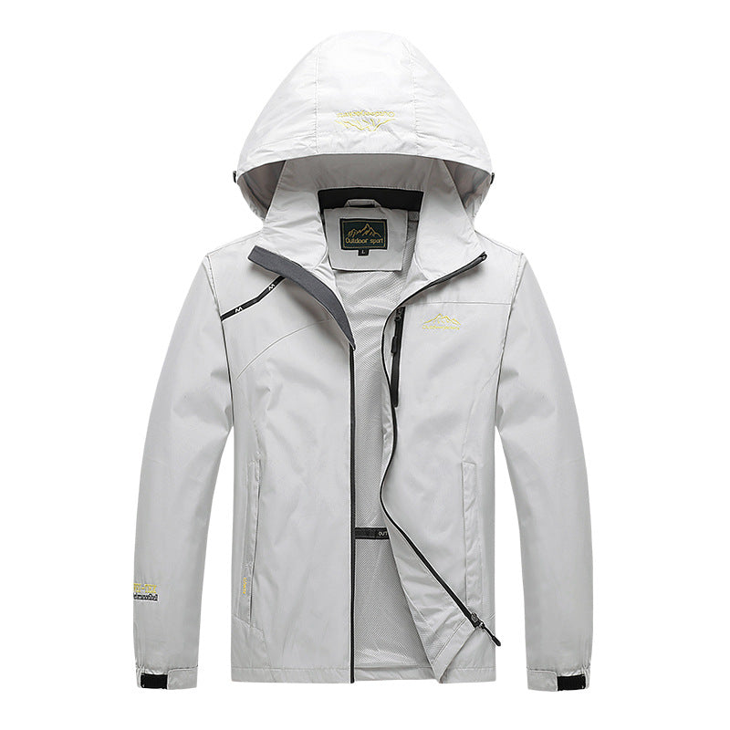 Men's breathable softshell trekking jacket with stowable hood, mesh lining and multifunctional zip pockets Mune Fashion