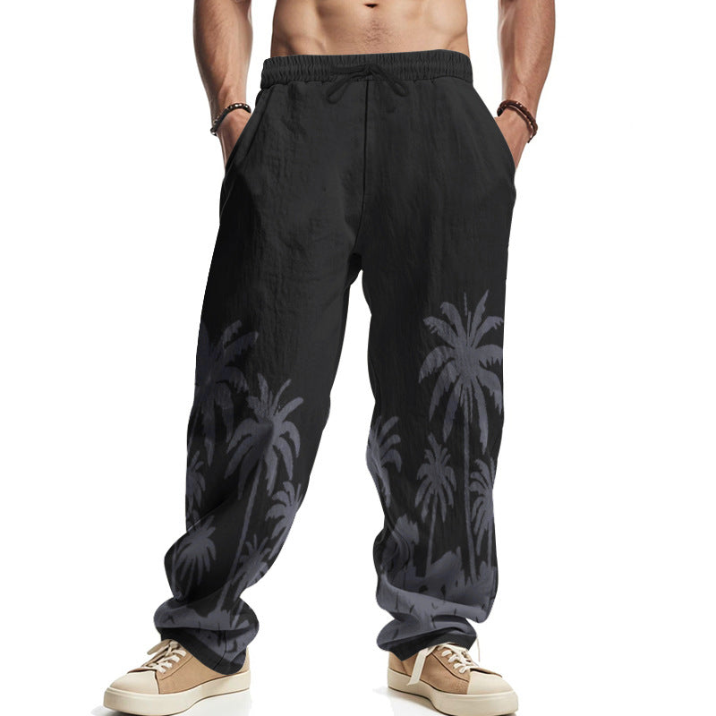 Men's wide leisure pants made of cotton-linen blend with palm print, elastic waistband and drawstring Mune Fashion