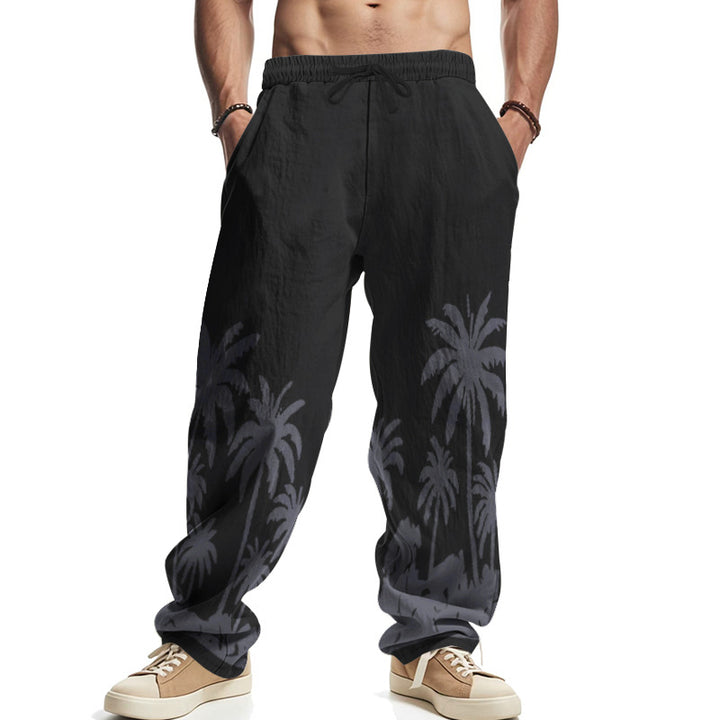 Men's wide leisure pants made of cotton-linen blend with palm print, elastic waistband and drawstring Mune Fashion