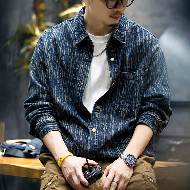 Men's denim overshirt with vertical textured pattern and snap button placket Mune Fashion
