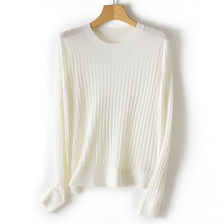 Women's fine cable knit sweater with round neckline and ribbed trims Mune Fashion