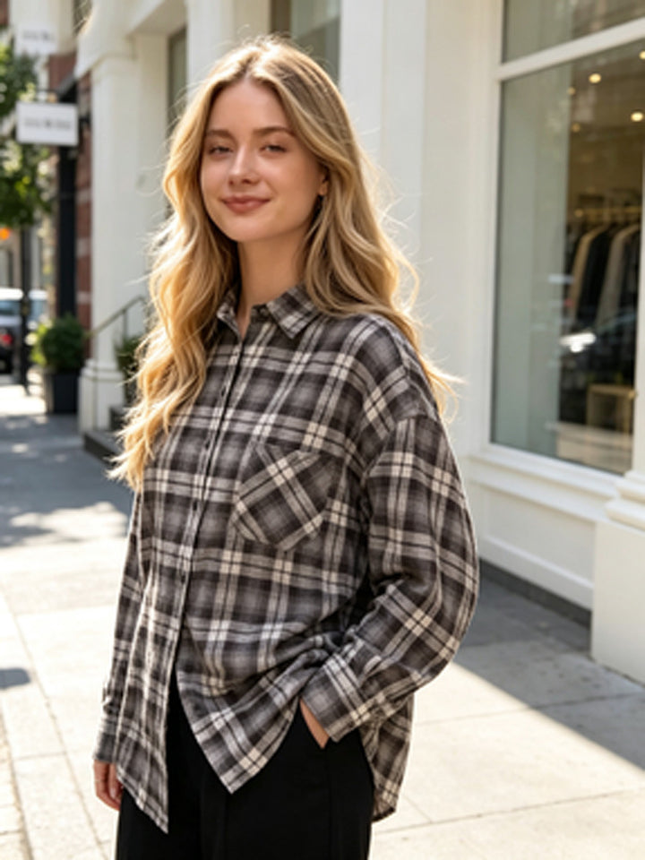 Women's Oversized Flannel Shirt with Check Pattern, Patch Chest Pocket and Rounded Hem Mune Fashion