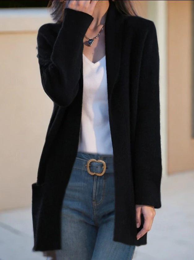 Women's Open Long Cardigan made of Soft Knit with Applied Pockets Drune
