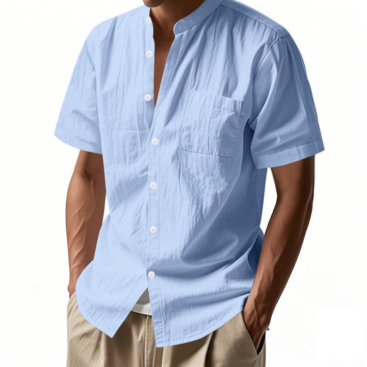 Men's nan legeres short-sleeve linen blend shirt with stand-up collar, chest pocket, and continuous button placket Mune Fashion