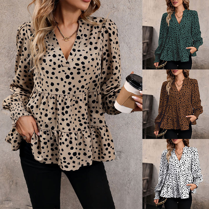 Ladies V neck tunic with tiered hem, smocked cuffs and polka dot all-over print Mune Fashion