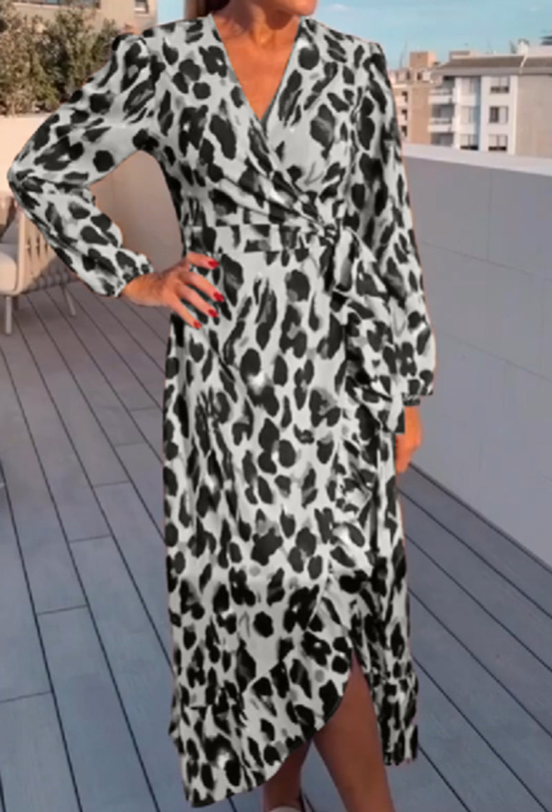 Women’s wrap midi dress with waist tie, V-neck, balloon sleeves and asymmetrical hem Mune Fashion