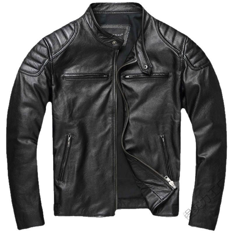 Men's leather jacket in vintage biker style with chest pockets and zipper Mune Fashion