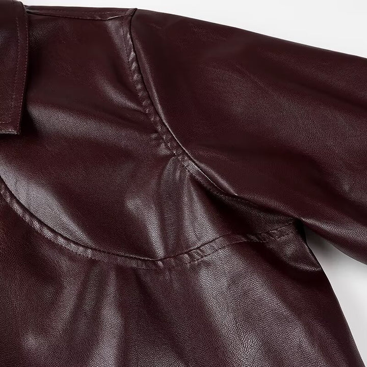 Women Short Cut Leather Look Jacket with Emphasized Shoulders, Zipper and Shirt Collar Mune Fashion
