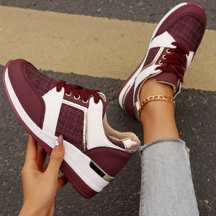 Women's sporty wedge sneakers with textured knit mix padded comfort insole and gold accents Mune Fashion