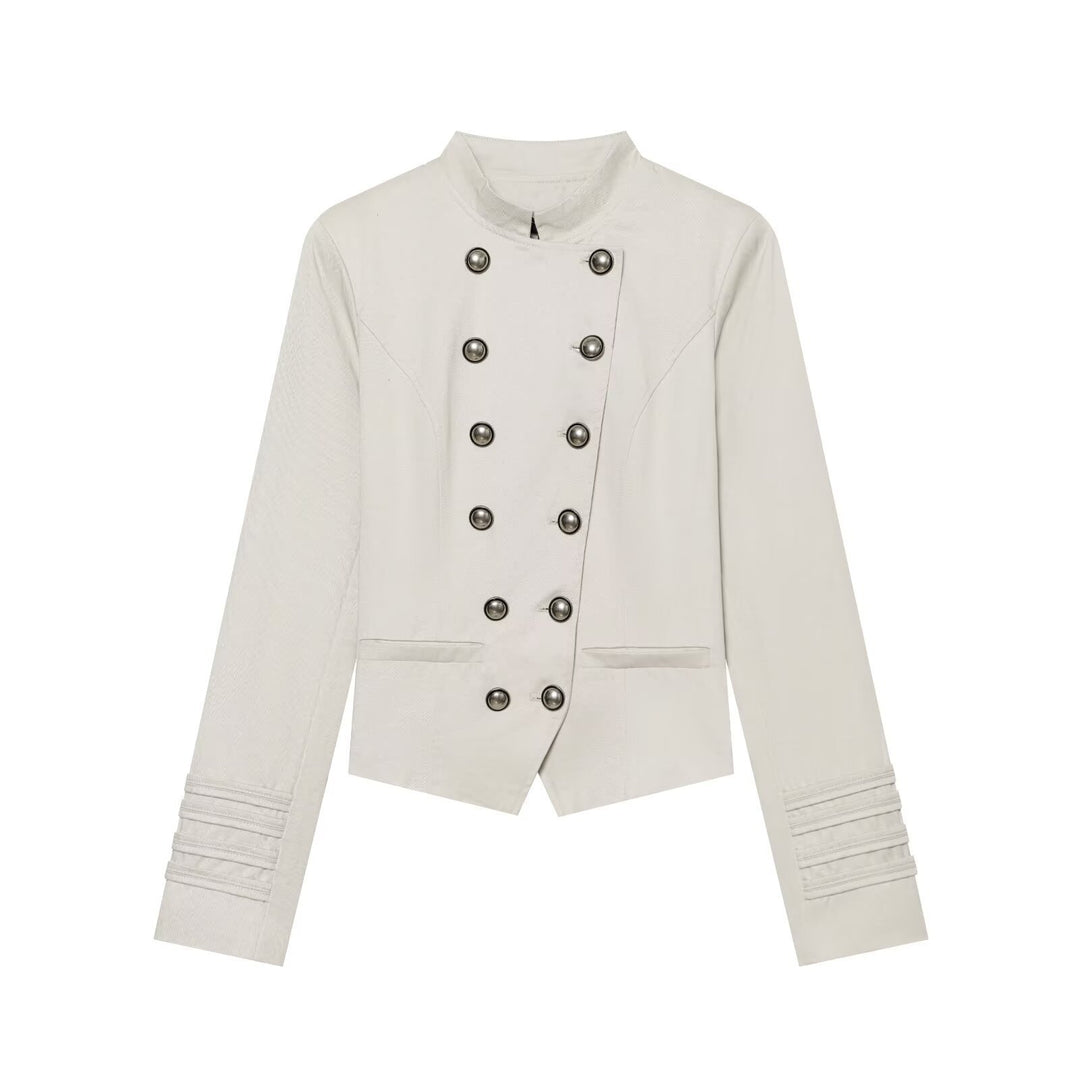 Women Short Double-Breasted Sailor Blazer with Stand Collar and Decorative Sleeve Gatherings Drune