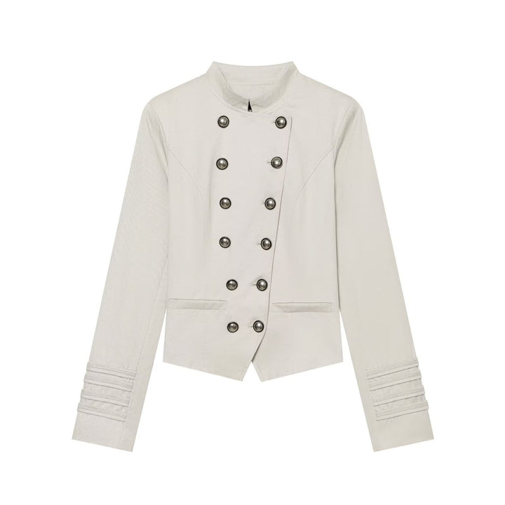 Women Short Double-Breasted Sailor Blazer with Stand Collar and Decorative Sleeve Gatherings Drune