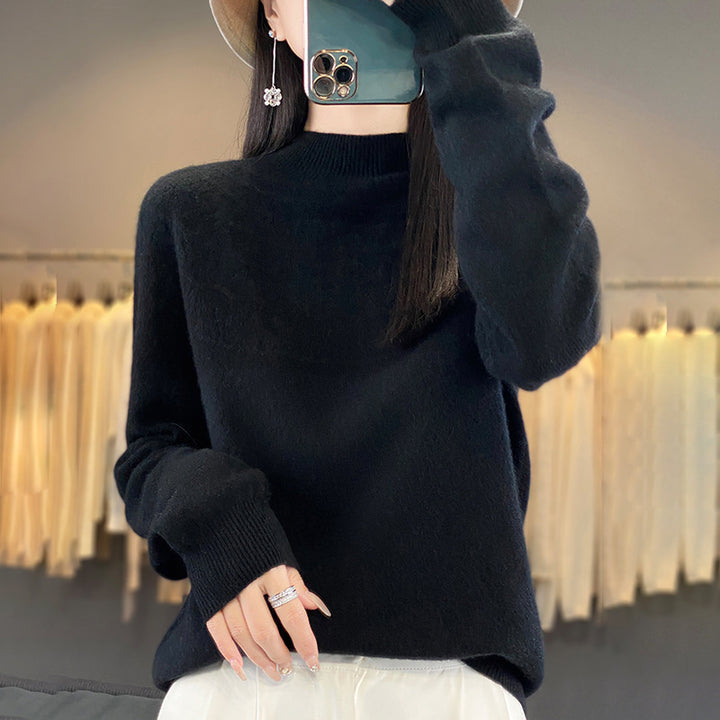 Women's Cozy Mohair Look Pullover with Decorative Structure on the Top and High Collar Mune Fashion
