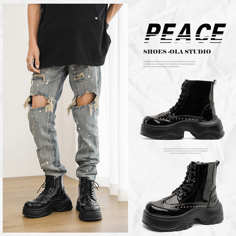 Women Plateau Boots with Patent Finish, Lacing and Studded Decoration Mune Fashion