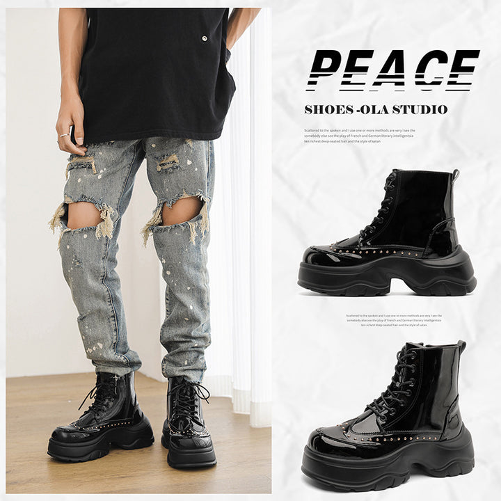 Women Plateau Boots with Patent Finish, Lacing and Studded Decoration Mune Fashion