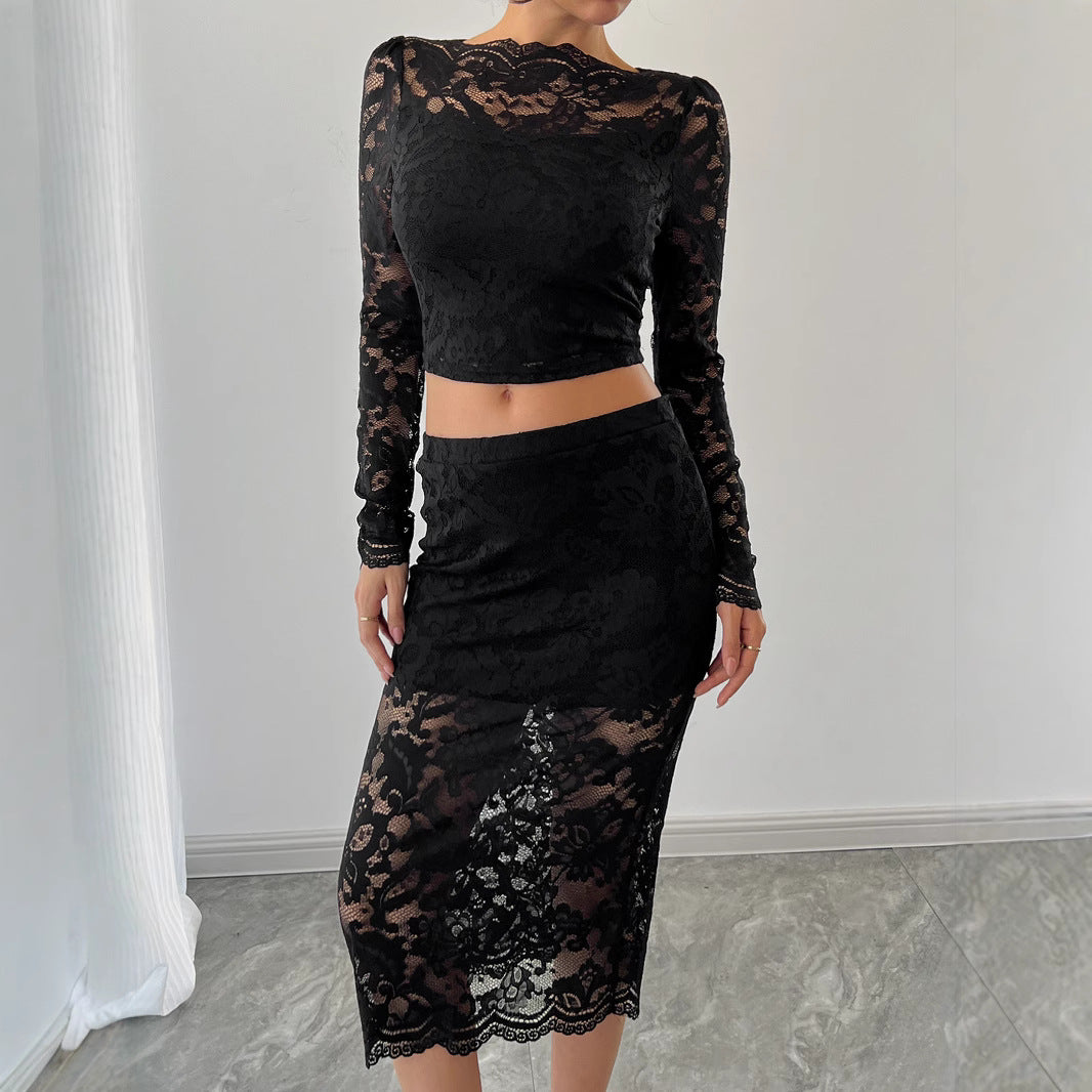 Ladies two-piece lace ensemble with cropped long sleeve top and fitted midi skirt Mune Fashion