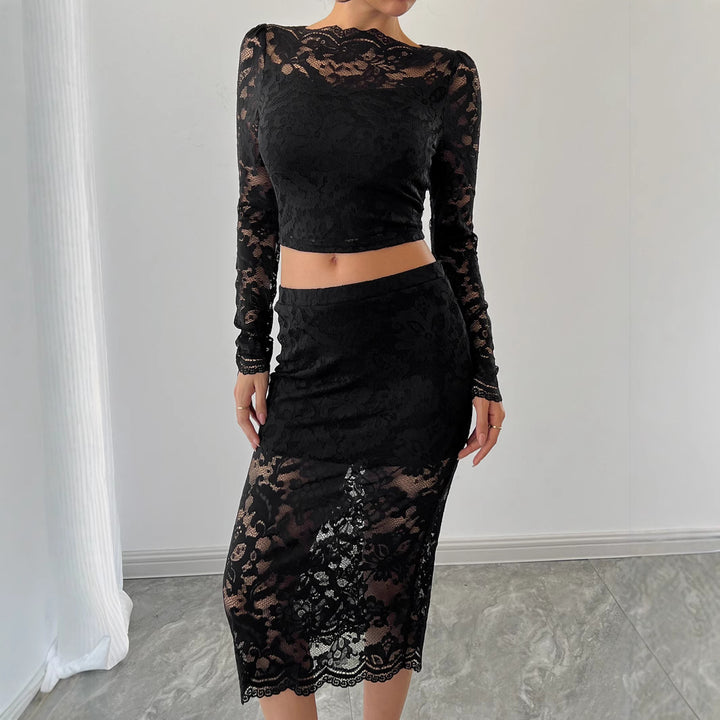 Ladies two-piece lace ensemble with cropped long sleeve top and fitted midi skirt Mune Fashion