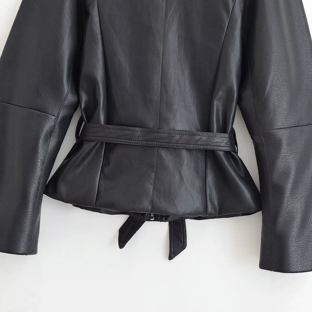 Women Tailored Leather Look Jacket with Tie Belt and Raglan Sleeves Mune Fashion