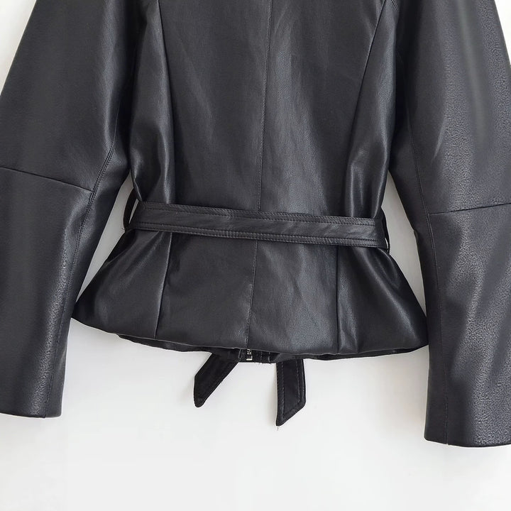 Women Tailored Leather Look Jacket with Tie Belt and Raglan Sleeves Mune Fashion