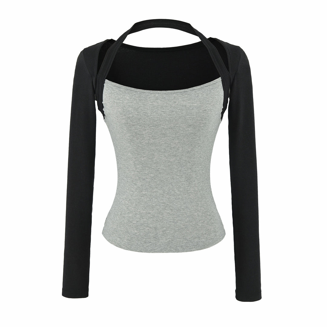 Women Fitted Layering Top with Integrated Bolero Sleeve and Neckholder Detail