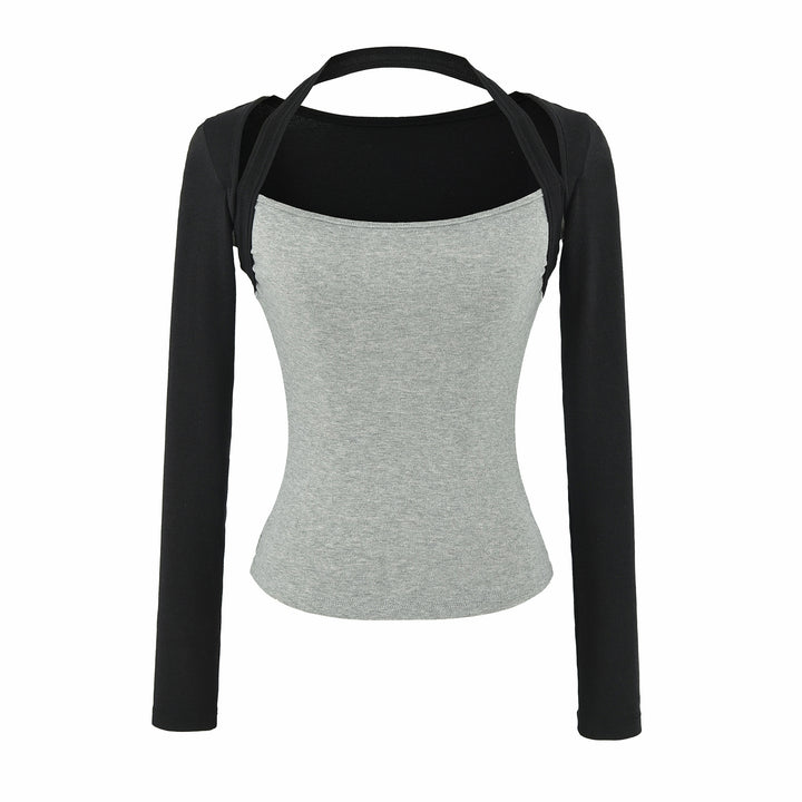 Women Fitted Layering Top with Integrated Bolero Sleeve and Neckholder Detail