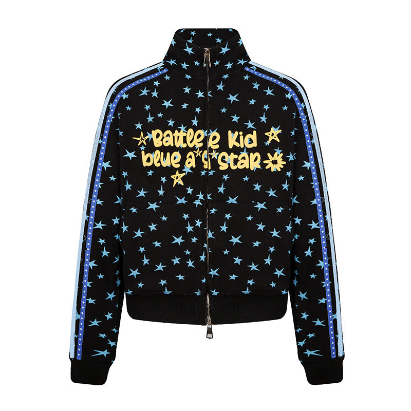 Women's sweat jacket in retro track style with stand-up collar, star print, and contrast stripes.