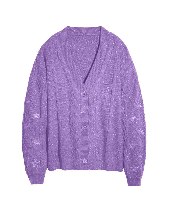 Women's oversized chunky knit cardigan with cable pattern, V-neck and star embroidery Mune Fashion