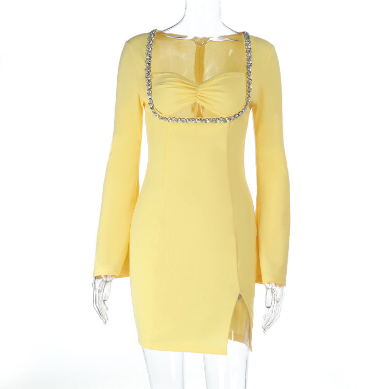 Women's Long-Sleeved Bodycon Mini Dress with Ruched Bustier, Square Rhinestone Neckline, and Side Slit Mune Fashion