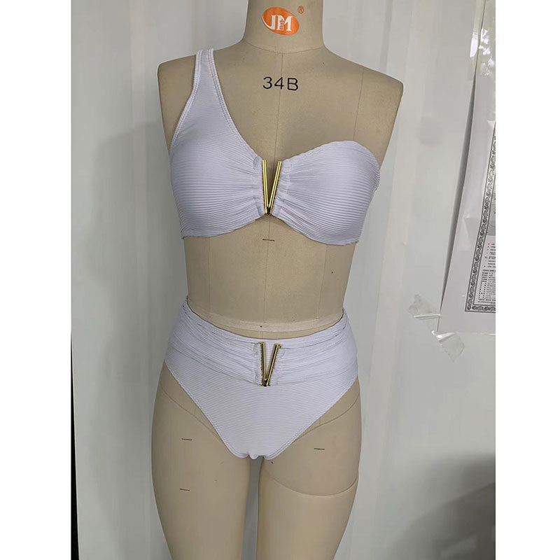 Women's High-Cut Bikini Set with Asymmetric Top and Golden Accents Mune Fashion