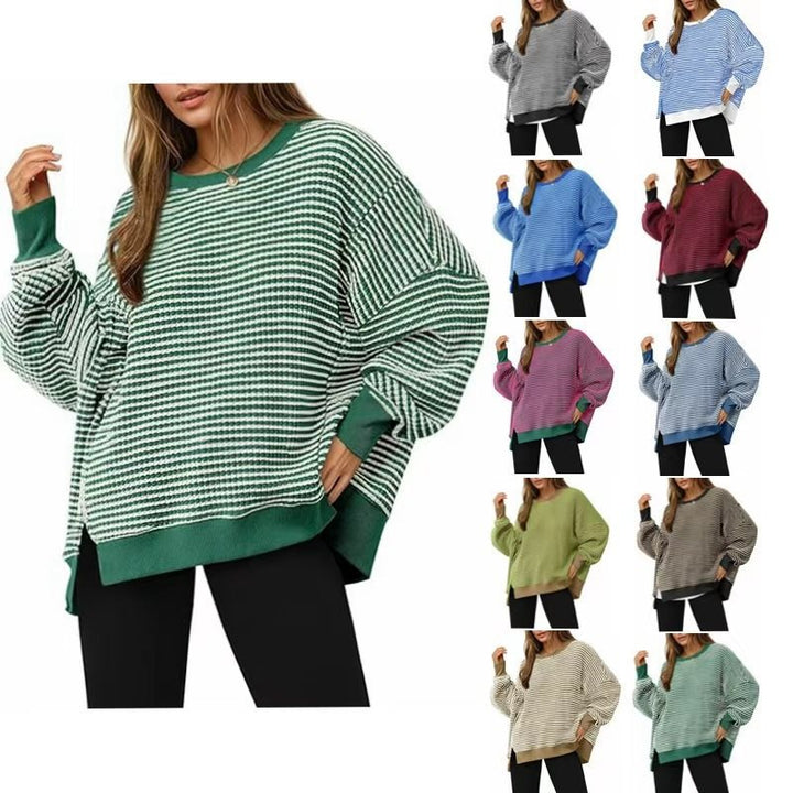 Women Striped Oversize Sweater with Round Neck and Side Slits Mune Fashion