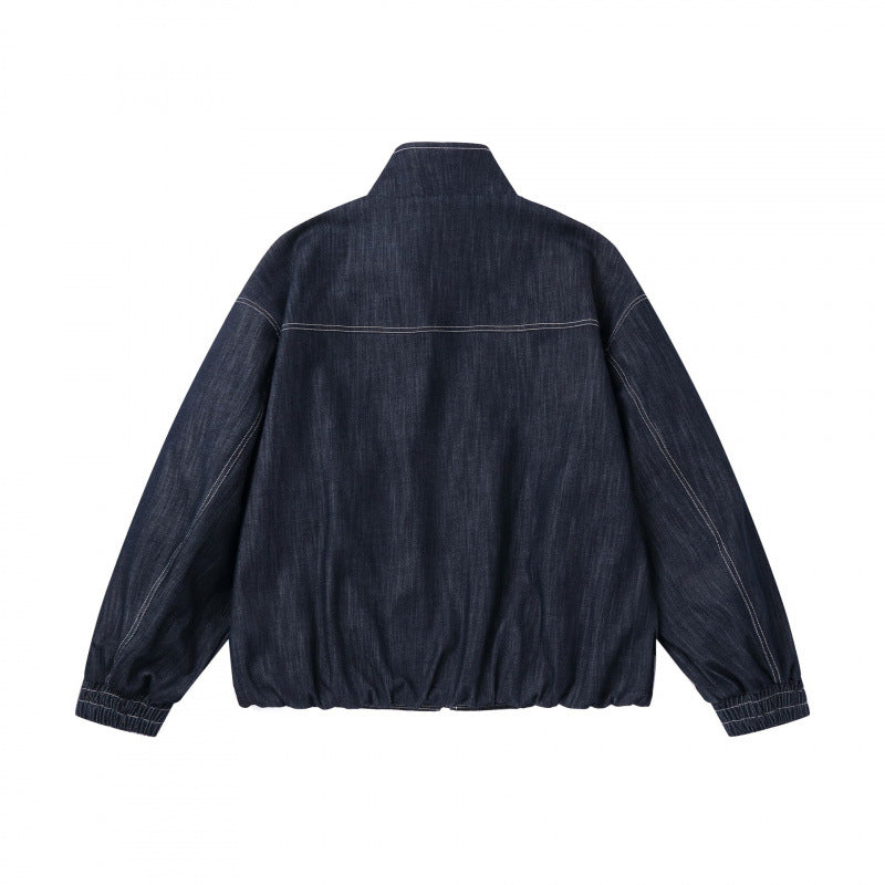 Unisex Boxy Jeans Bomber Jacket with Stand Collar, Zipper and Elastic Hem Mune Fashion