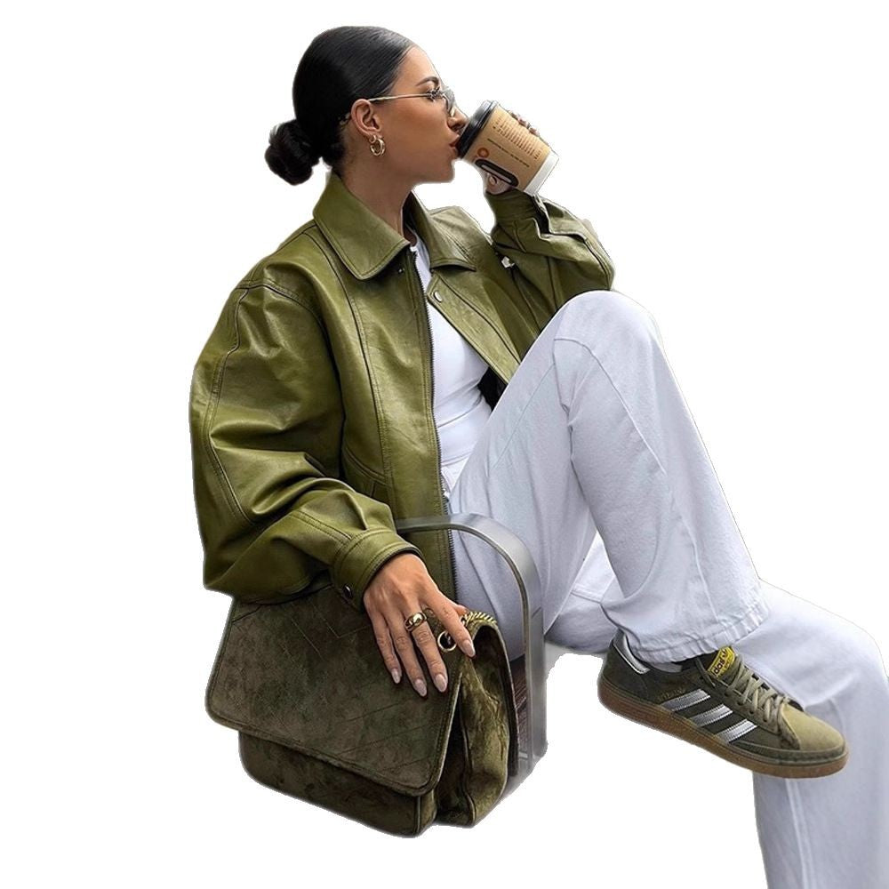 Women's Short Cut Oversized Faux Leather Jacket with Wide Kent Collar, Decorative Stitching and Concealed Zipper Placket Mune Fashion