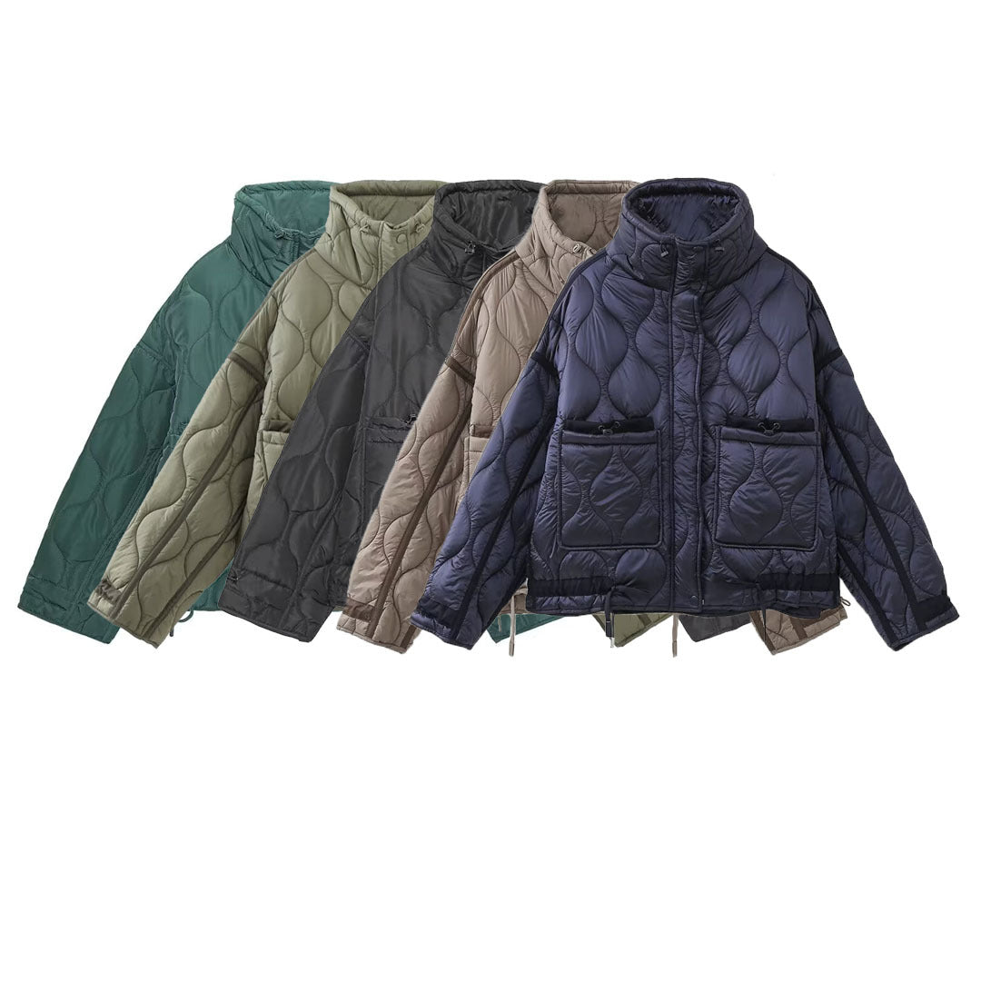 Women's quilted jacket with standing collar oversized short jacket with drawstring Mune Fashion