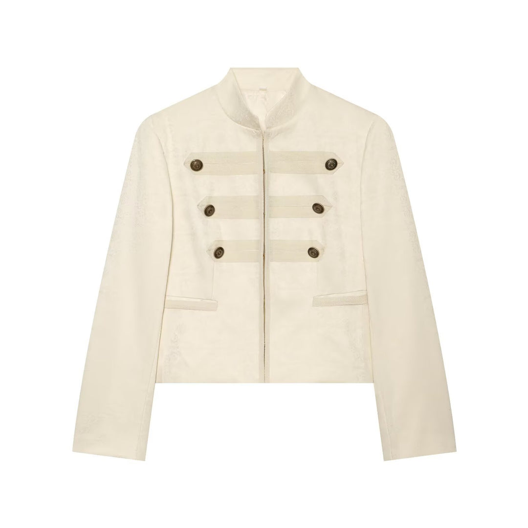 Ladies Short Parade Jacket with Stand-Up Collar, Decorative Trim and Row Buttons Mune Fashion