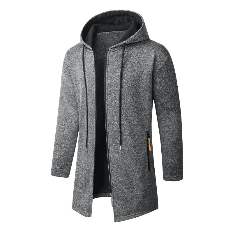 Men's Long Knit Coat with Hood, Continuous Zipper & Soft Fleece Lining Mune Fashion