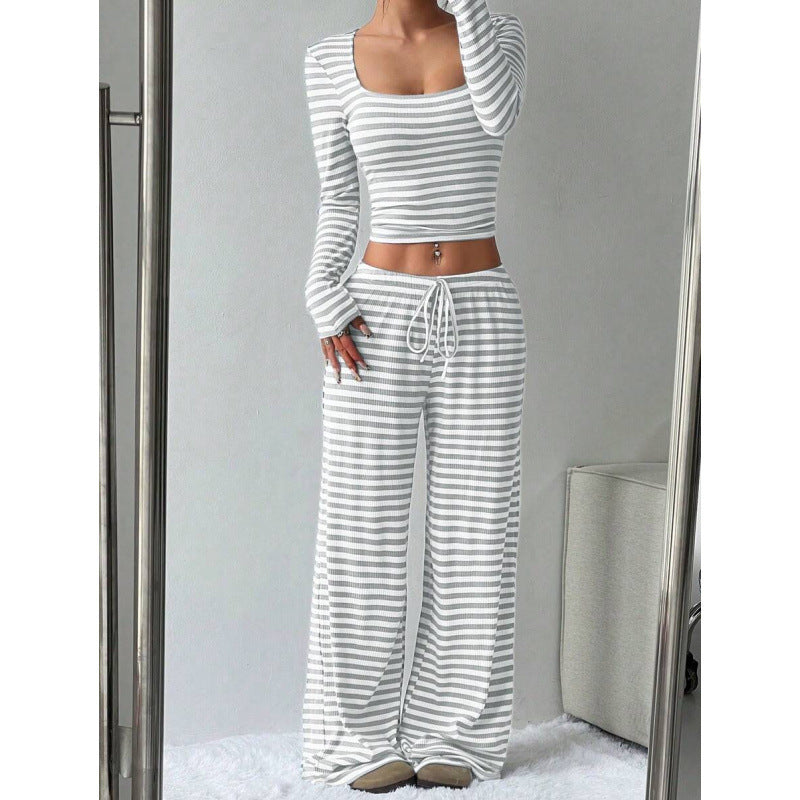 Women's Striped Lounge Two-Piece with Wide Leg and Cropped Long Sleeve Top Mune Fashion
