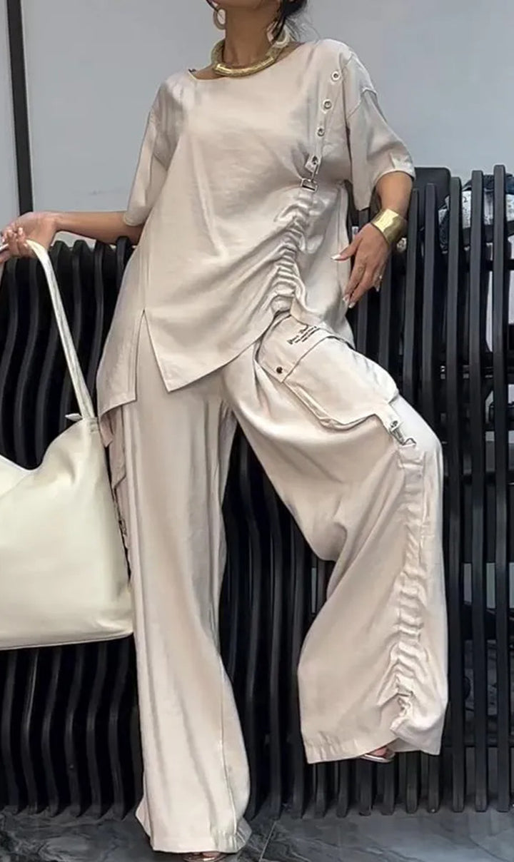 Women's nan legeres two-piece set with oversized round neck shirt, side gathering and wide cargo pants Mune Fashion