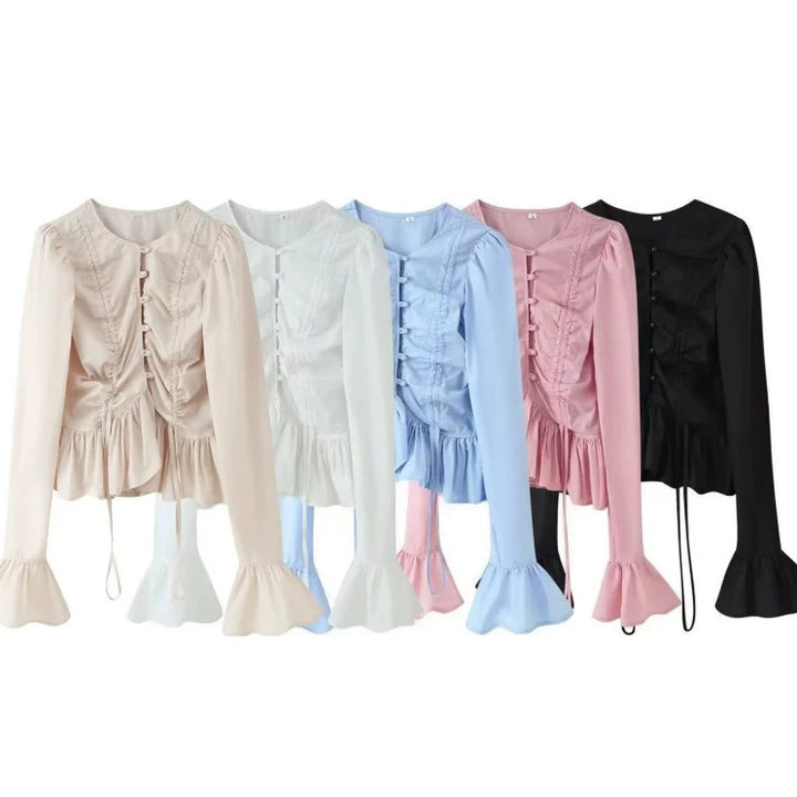 Women's 40+ romantic ruffle blouse with gathers, drawstring and bell sleeves Mune Fashion