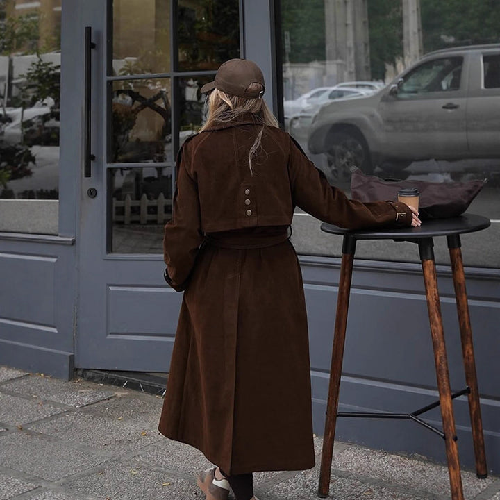 Women's Maxi Length Trench Coat in Velour Look with Double-Breasted Button Placket and Oversized Cut Mune Fashion